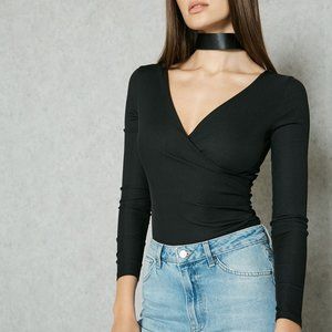 TOPSHOP Long Sleeved black ribbed body suit size 2